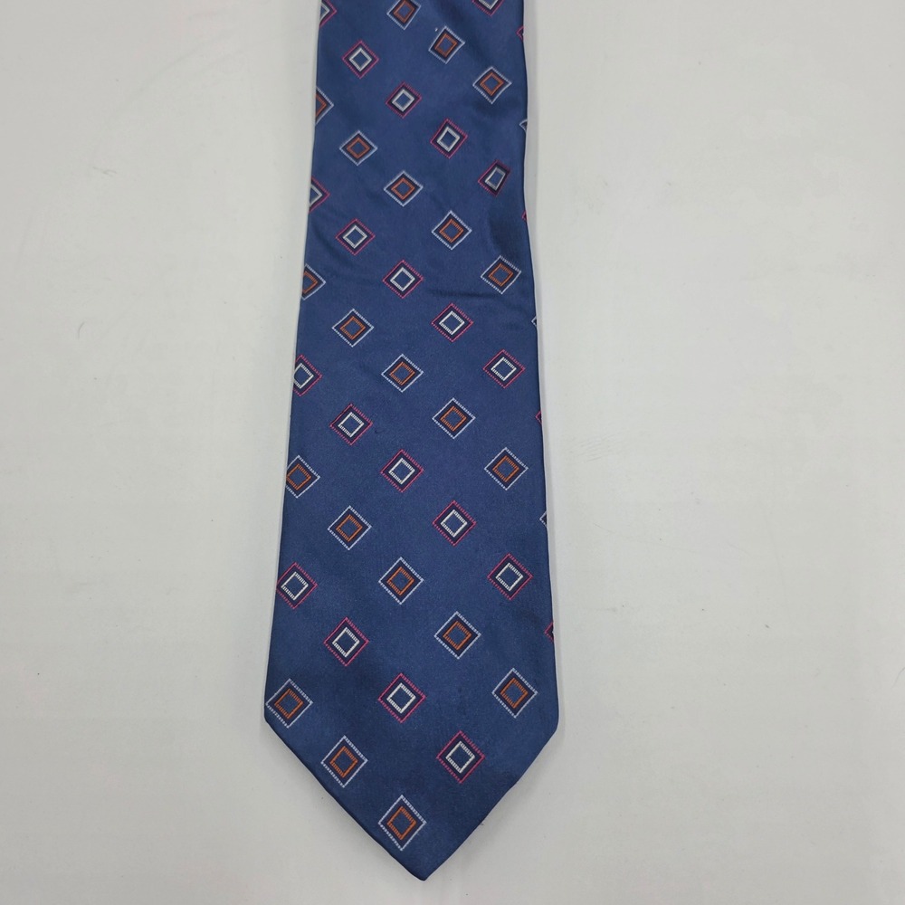 Tommy Hilfiger Mens Navy Blue Silk Geometric Square Pattern Necktie 3.75 Inch
